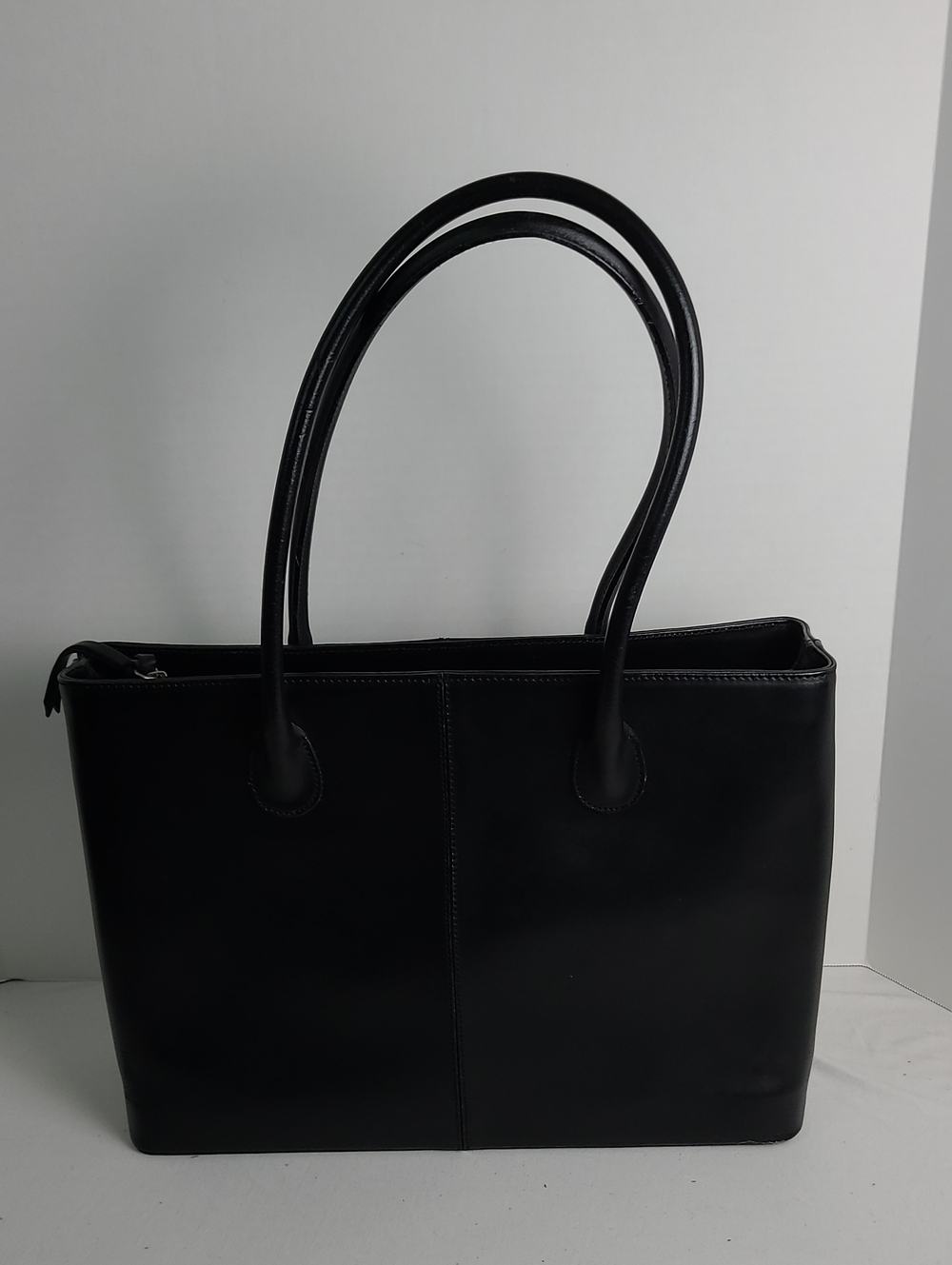J.Crew Classic Black Leather Tote Bag Purse 3 Compartment Shoulder Strap Carry - Picture 3 of 16